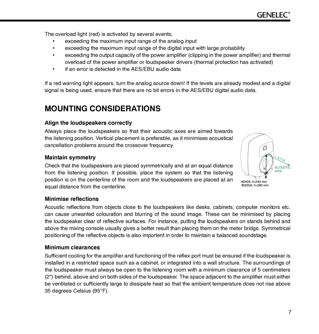 Genelec 8250A, 8240A Mounting Considerations, Align the loudspeakers correctly, Maintain symmetry, Minimise reflections 