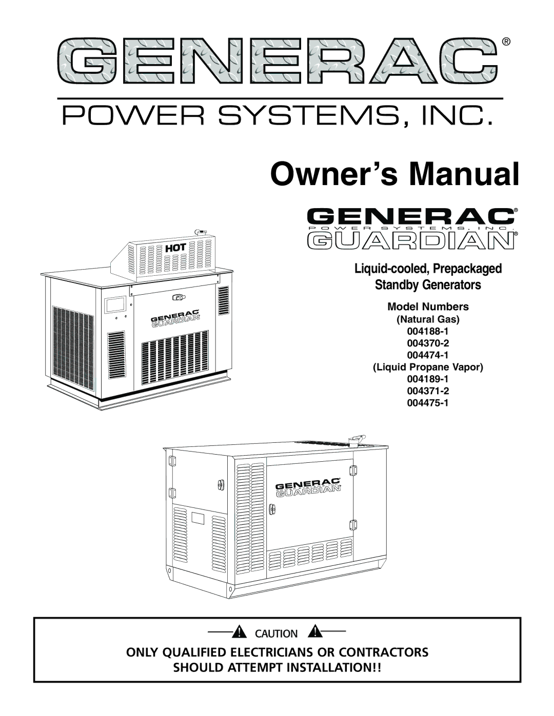 Generac 004475-1, 004188-1, 004371-2, 004474-1, 004370-2, 004189-1 owner manual Power SYSTEMS, INC 