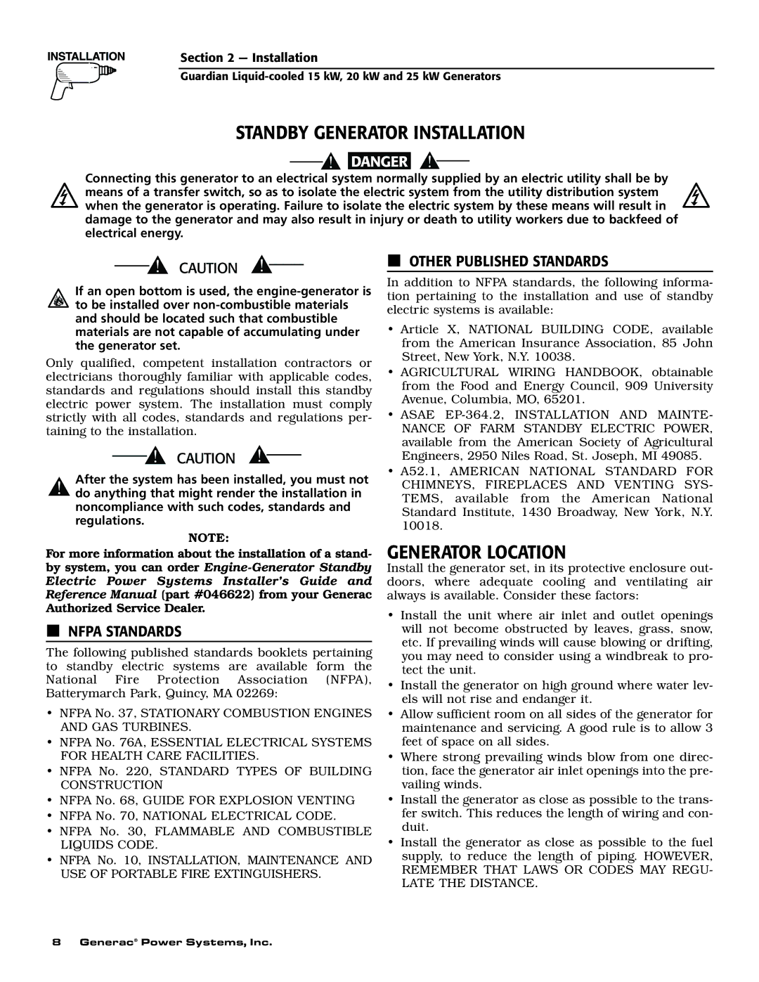 Generac 004370-2, 004188-1 Standby Generator Installation, Generator Location, Other Published Standards, Nfpa Standards 