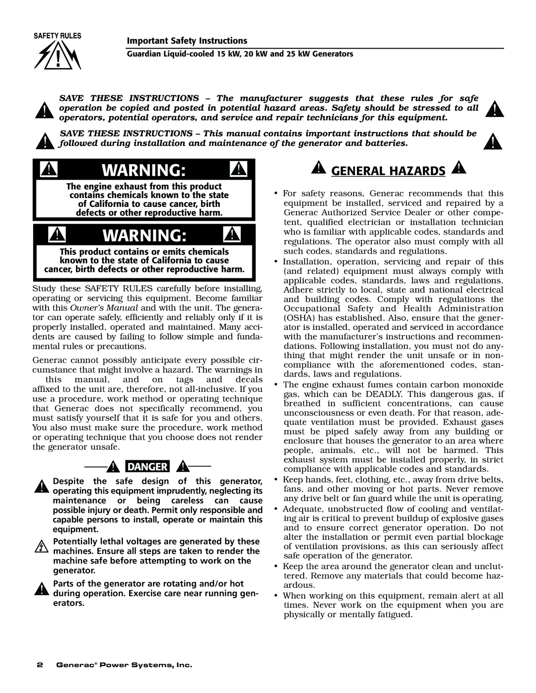 Generac 004370-2, 004188-1, 004475-1, 004371-2, 004474-1, 004189-1 owner manual General Hazards 