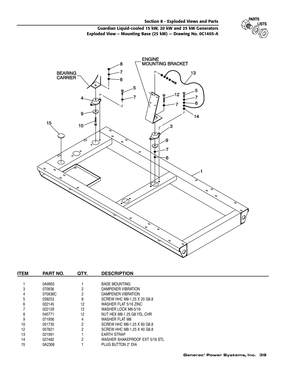 Generac 004189-1 Dampener Vibration, Washer Flat M8, Earth Strap, Washer Shakeproof EXT 5/16 STL, Plug Button 2 DIA 