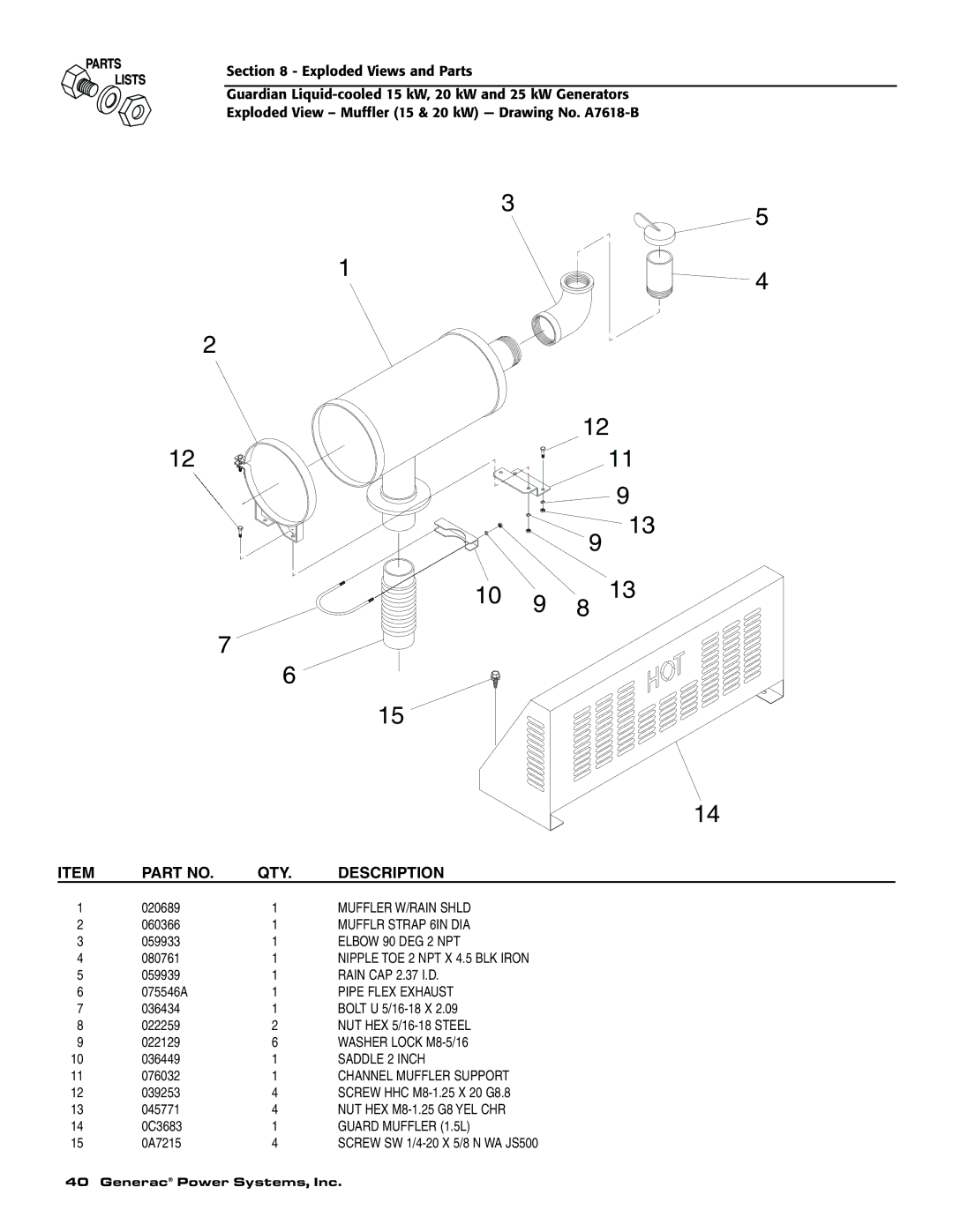 Generac 004188-1, 004475-1 Muffler W/RAIN Shld, Mufflr Strap 6IN DIA, Elbow 90 DEG 2 NPT, Nipple TOE 2 NPT X 4.5 BLK Iron 