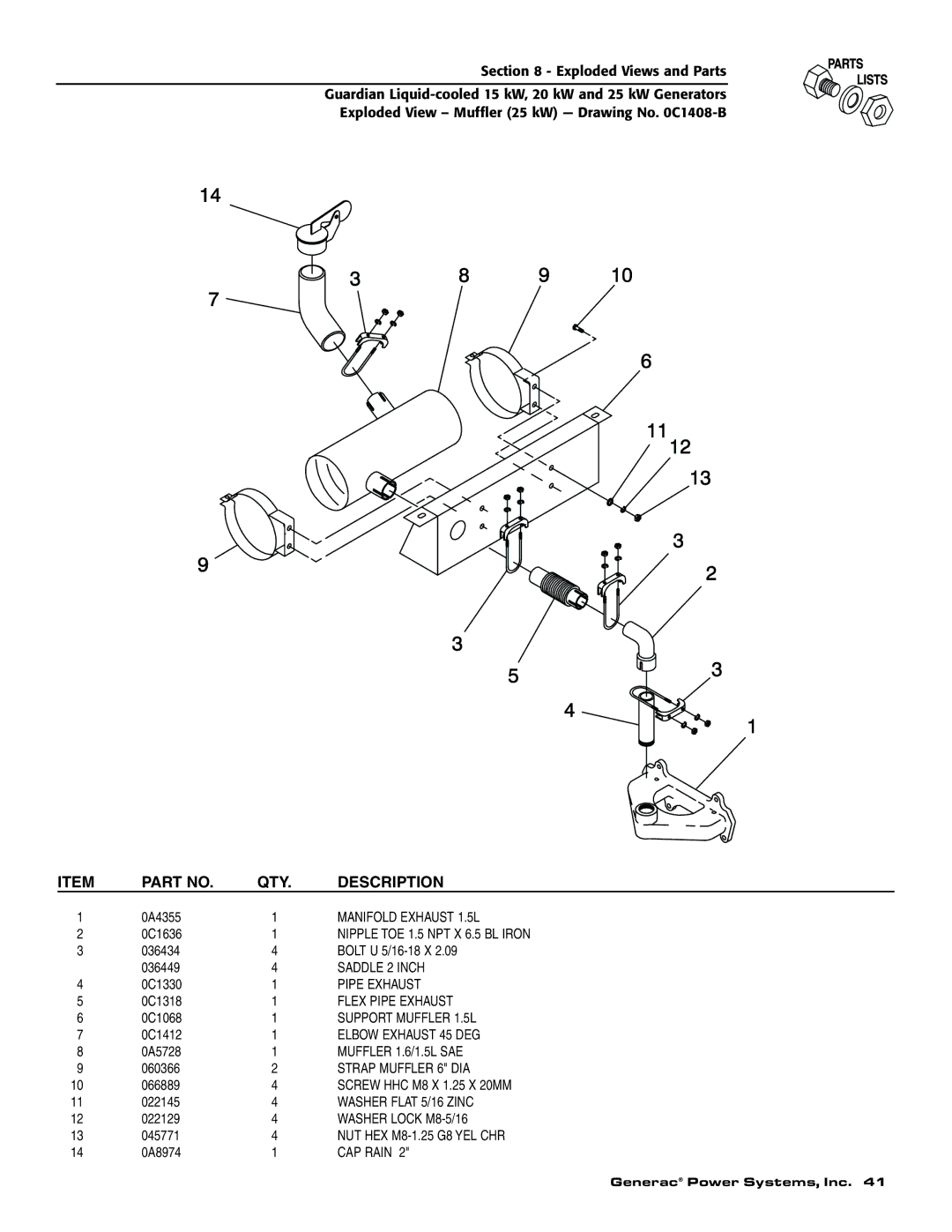 Generac 004475-1 Manifold Exhaust 1.5L, Nipple TOE 1.5 NPT X 6.5 BL Iron, Flex Pipe Exhaust, Elbow Exhaust 45 DEG 