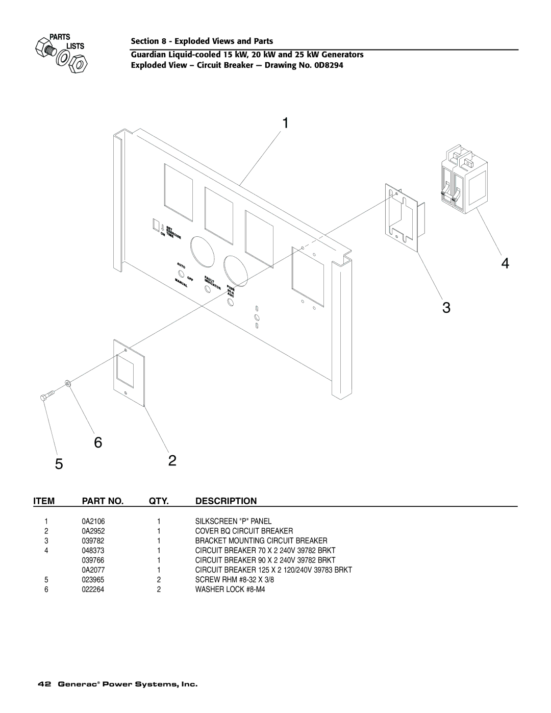 Generac 004371-2 Silkscreen P Panel, Cover BQ Circuit Breaker, Bracket Mounting Circuit Breaker, Washer Lock #8-M4 