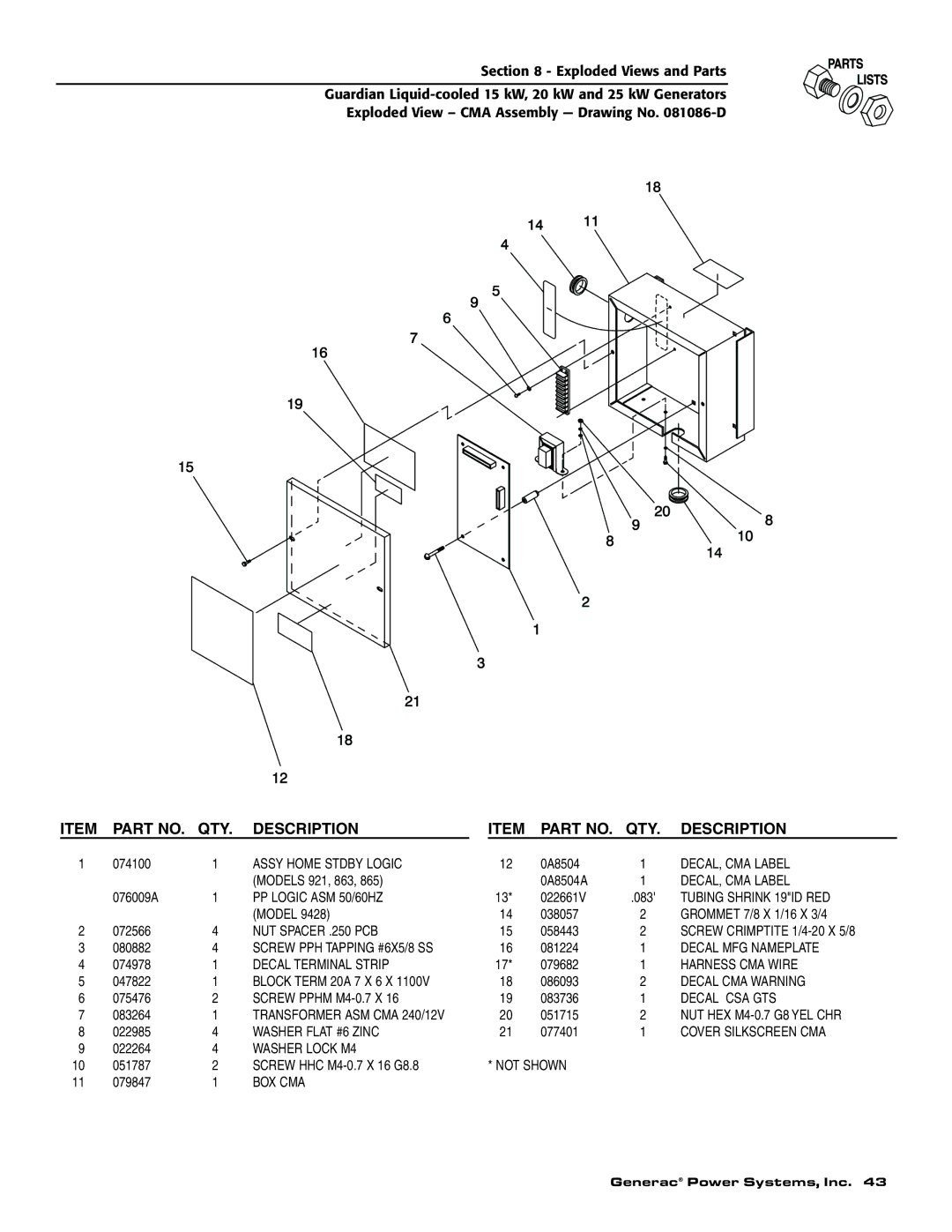 Generac 004474-1 Assy Home Stdby Logic, DECAL, CMA Label, PP Logic ASM 50/60HZ, Tubing Shrink 19ID RED, Harness CMA Wire 