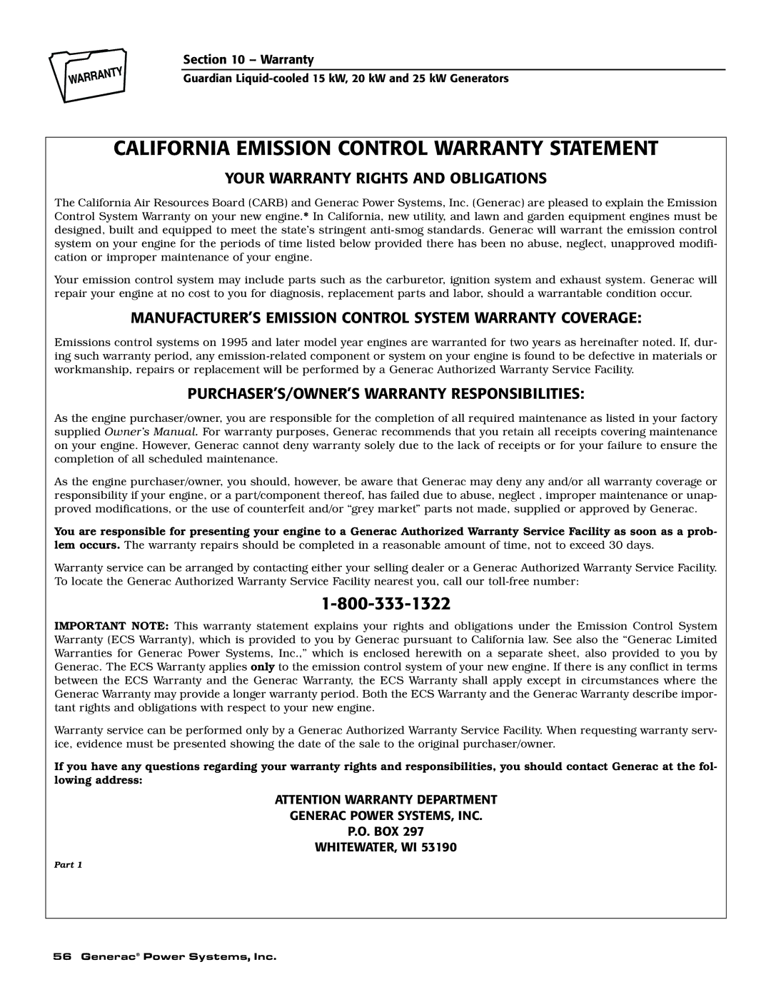 Generac 004370-2, 004188-1 Your Warranty Rights and Obligations, MANUFACTURER’S Emission Control System Warranty Coverage 