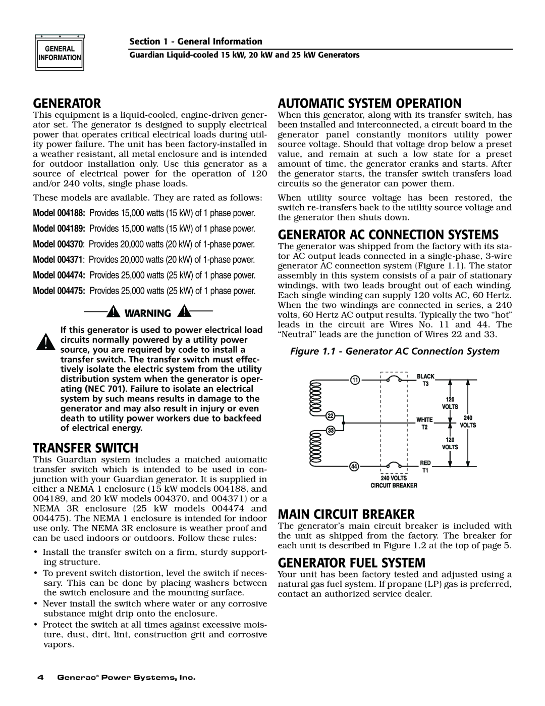 Generac 004188-1 Transfer Switch, Automatic System Operation, Generator AC Connection Systems, Main Circuit Breaker 