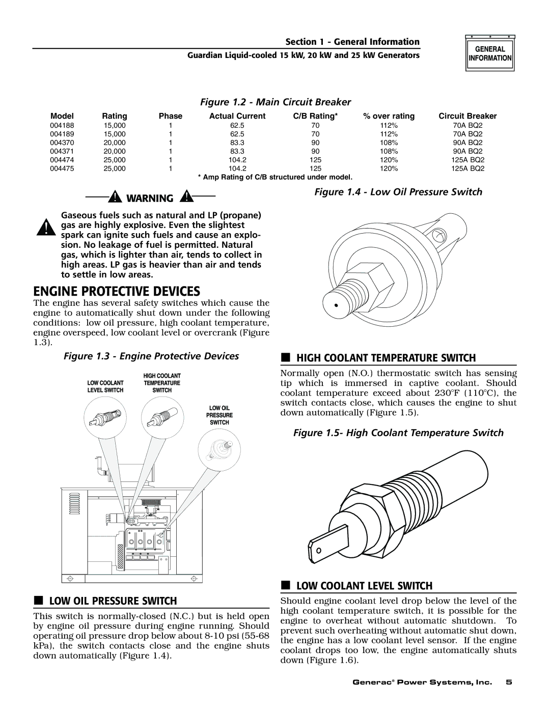 Generac 004475-1, 004188-1, 004371-2 Engine Protective Devices, High Coolant Temperature Switch, LOW OIL Pressure Switch 