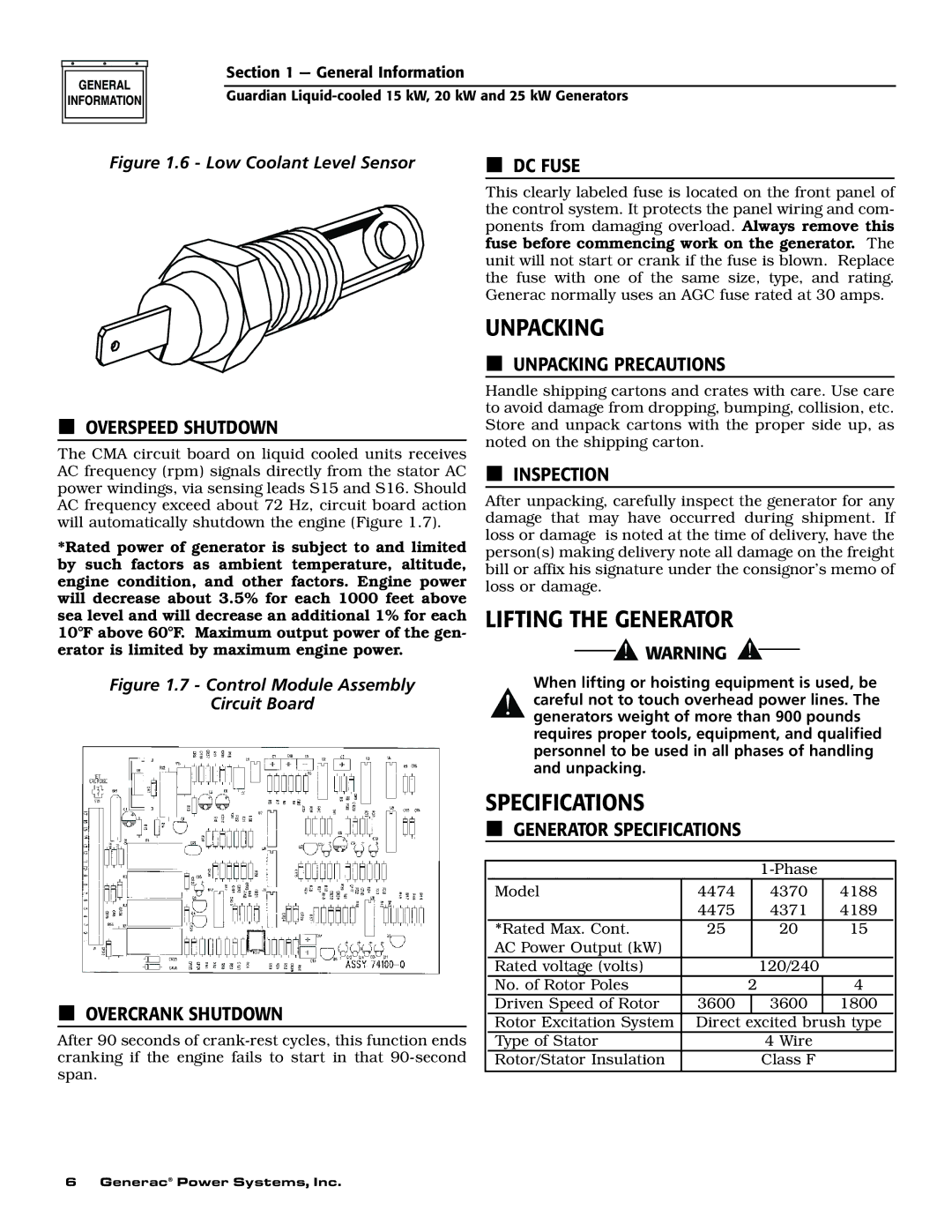 Generac 004371-2, 004188-1, 004475-1, 004474-1, 004370-2, 004189-1 owner manual Unpacking, Lifting the Generator, Specifications 