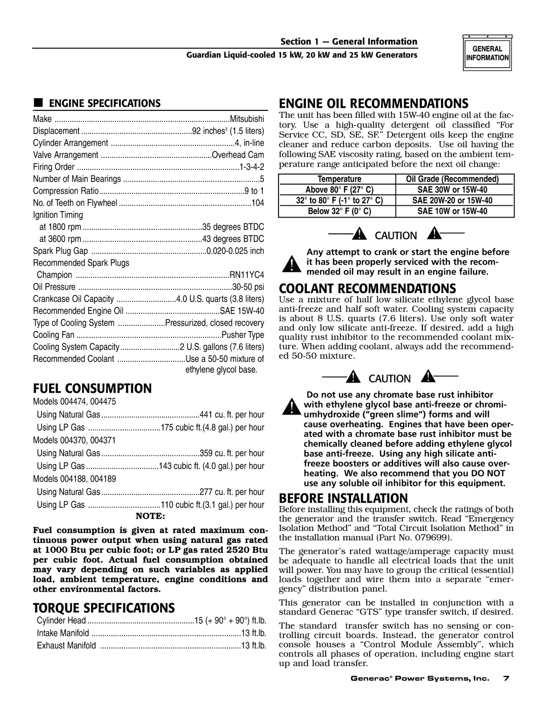 Generac 004474-1, 004188-1 Fuel Consumption, Torque Specifications, Engine OIL Recommendations, Coolant Recommendations 