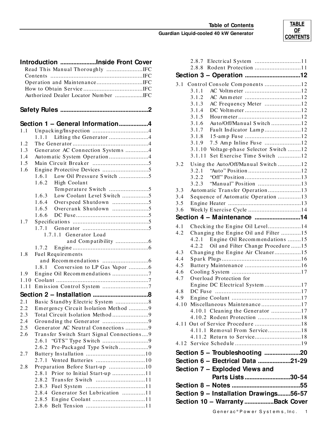 Generac 004373-1, 004626-0 Introduction Inside Front Cover, Safety Rules General Information, Installation, Operation 