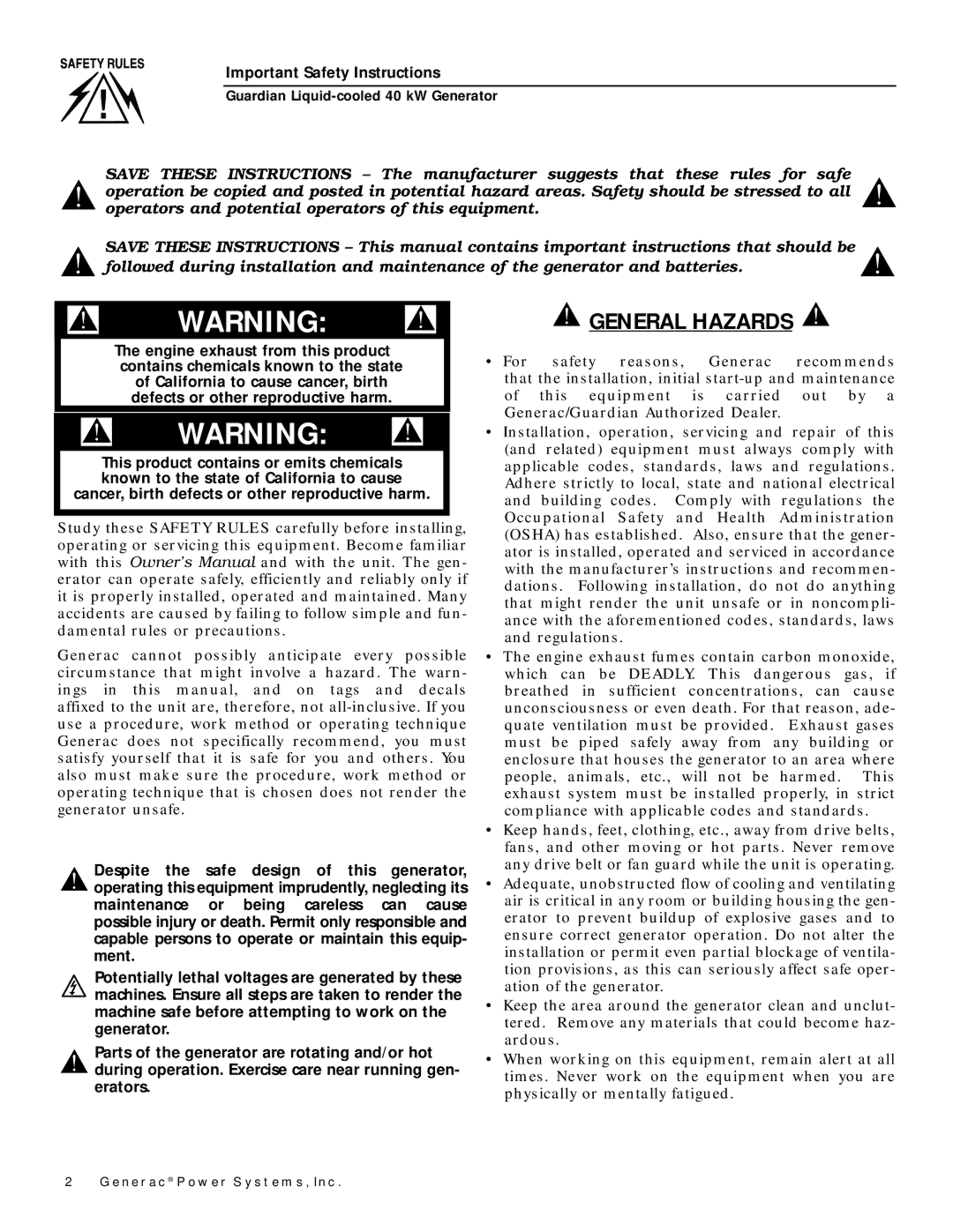 Generac 004373-1, 004626-0 owner manual General Hazards 