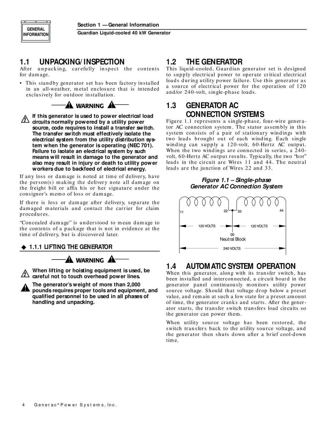 Generac 004373-1, 004626-0 Unpacking/Inspection, Generator AC Connection Systems, Automatic System Operation 