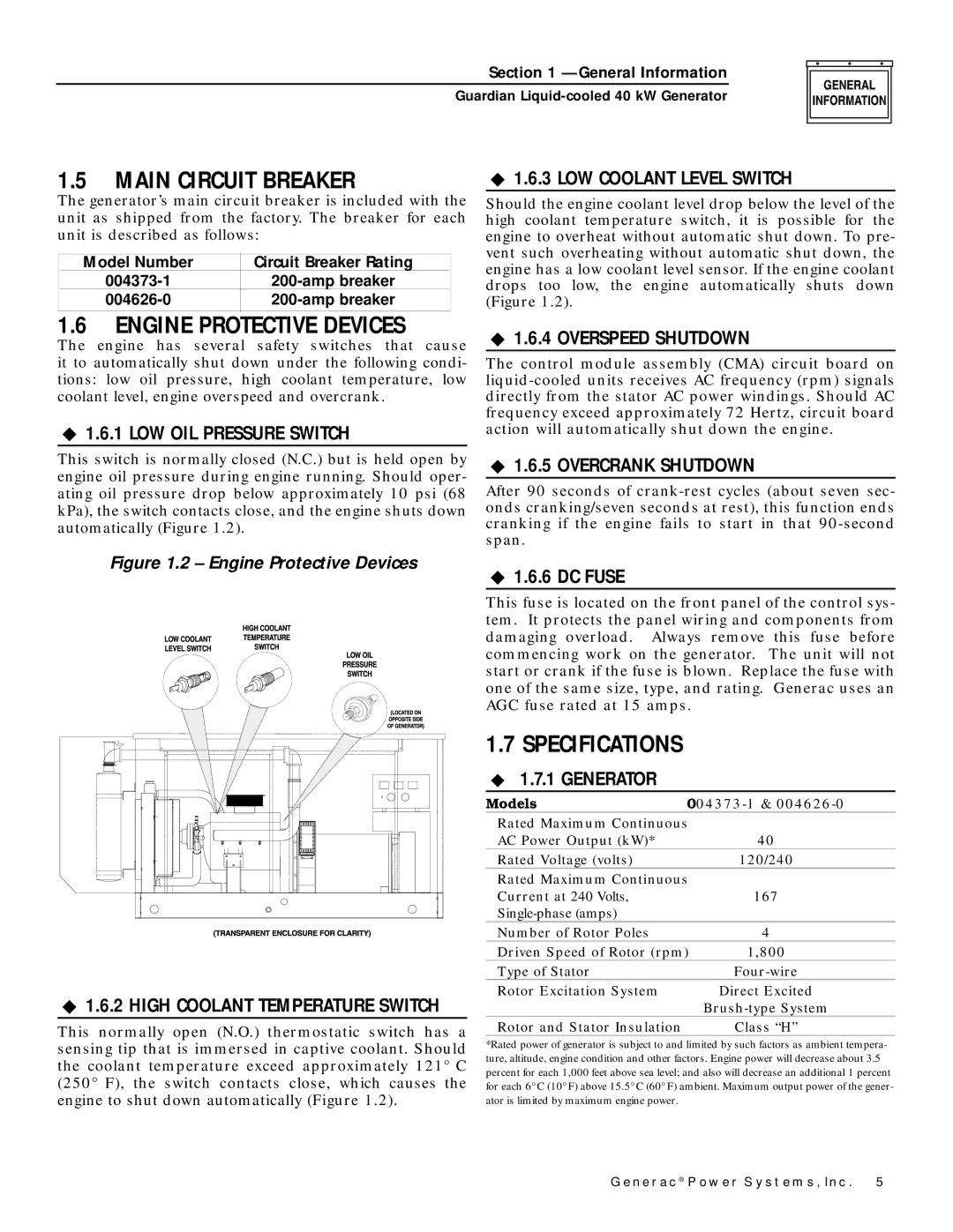 Generac 004373-1, 004626-0 owner manual Main Circuit Breaker, Engine Protective Devices, Specifications 