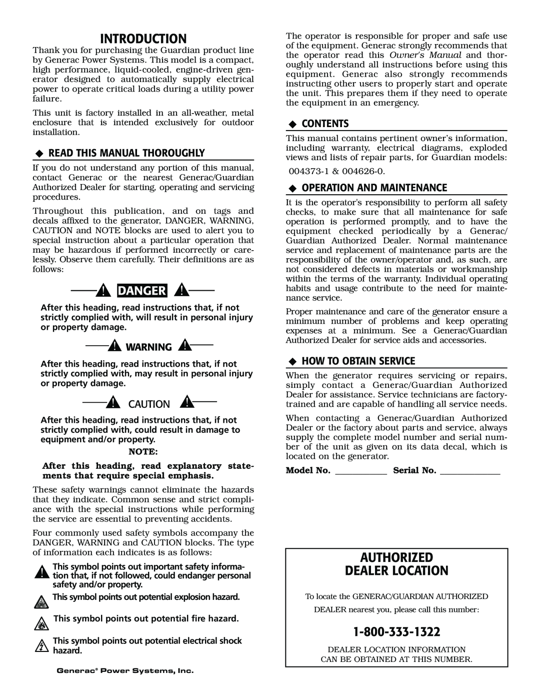 Generac 004373-2, 004626-1 Introduction, Authorized Dealer Location, Danger, Read This Manual Thoroughly, Contents 