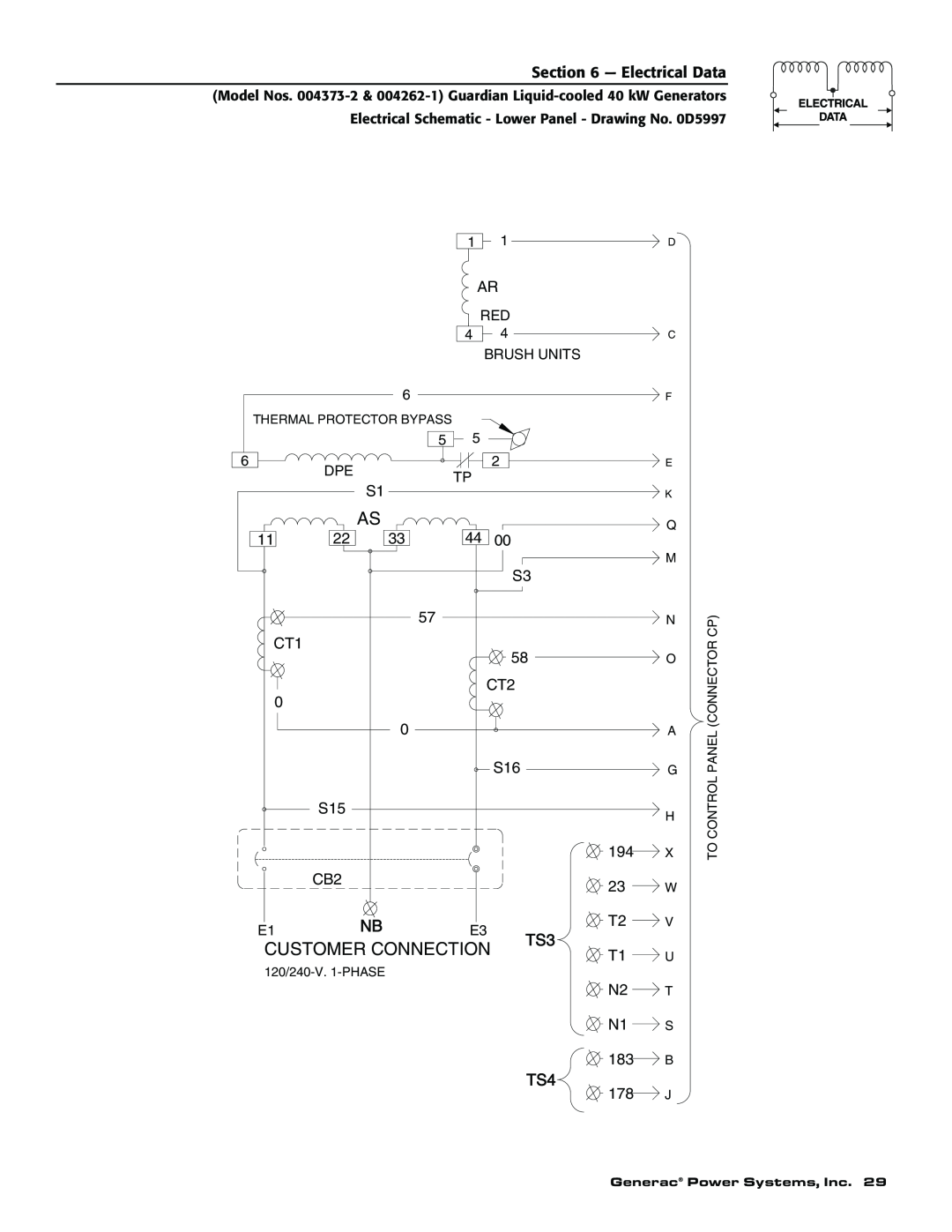 Generac 004626-1, 004373-2 Customer Connection, T2 T1 U N2 T N1 S, Electrical Schematic - Lower Panel - Drawing No. 0D5997 