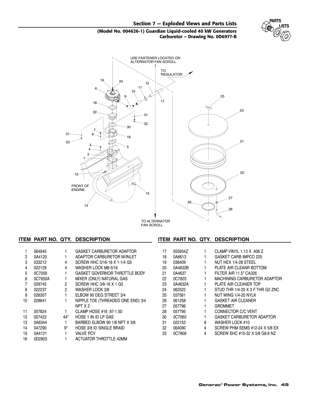 Generac 004626-1, 004373-2 Part No. Qty, Description, Gasket Governor Throttle Body, Machining Carburetor Adaptor 