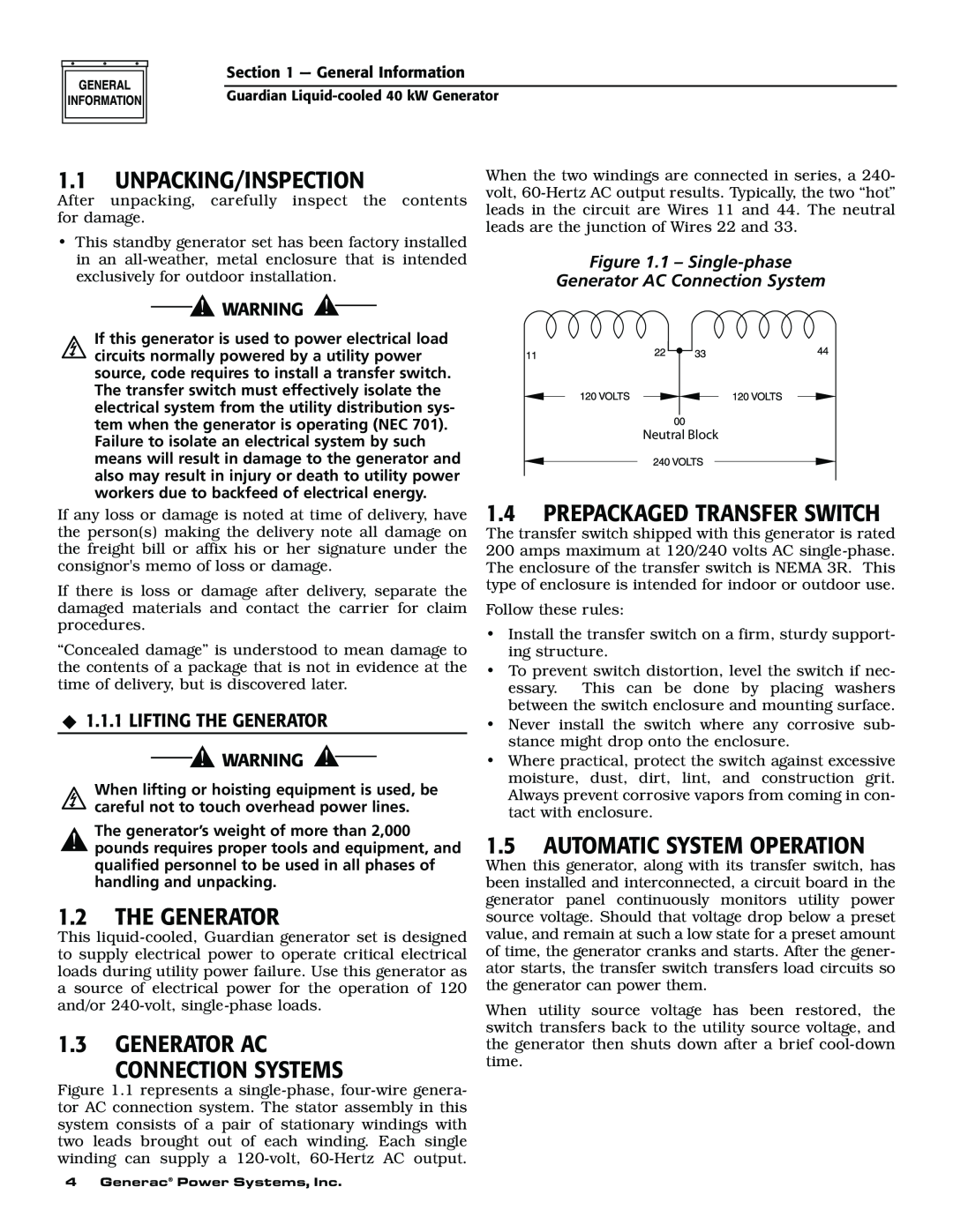 Generac 004373-2, 004626-1 owner manual Unpacking/Inspection, Generator Ac Connection Systems, Lifting The Generator 