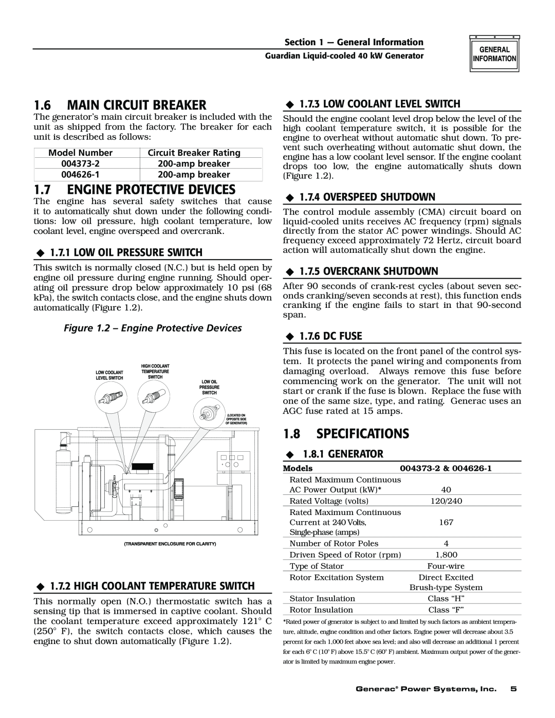 Generac 004626-1, 004373-2 Main Circuit Breaker, Engine Protective Devices, Specifications, Low Coolant Level Switch 