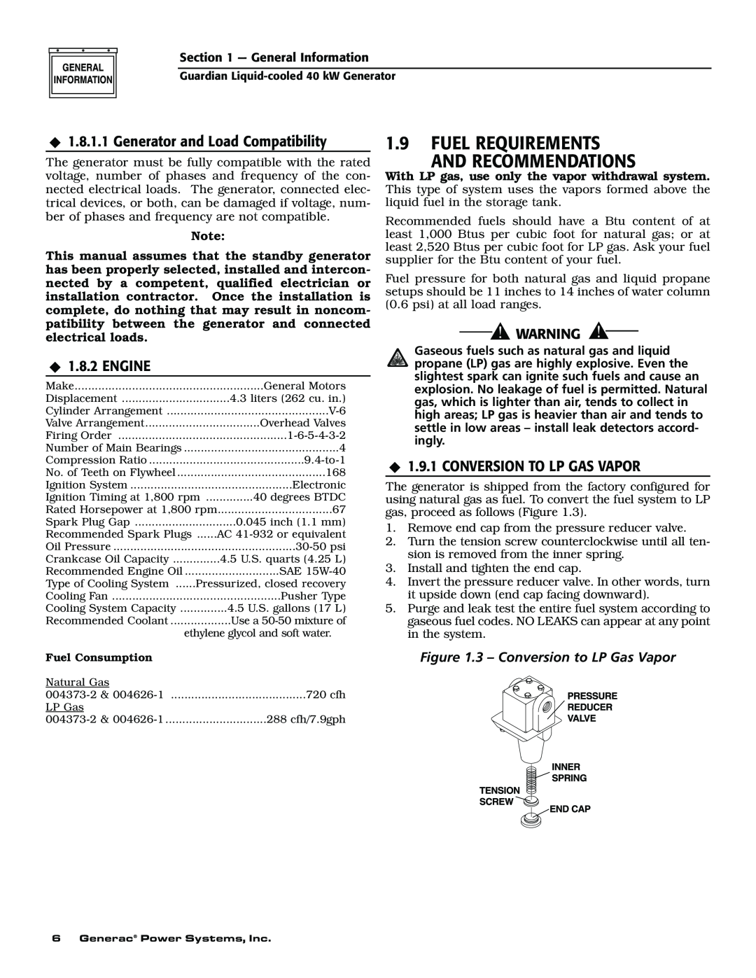 Generac 004373-2, 004626-1 owner manual Fuel Requirements And Recommendations, Generator and Load Compatibility, Engine 