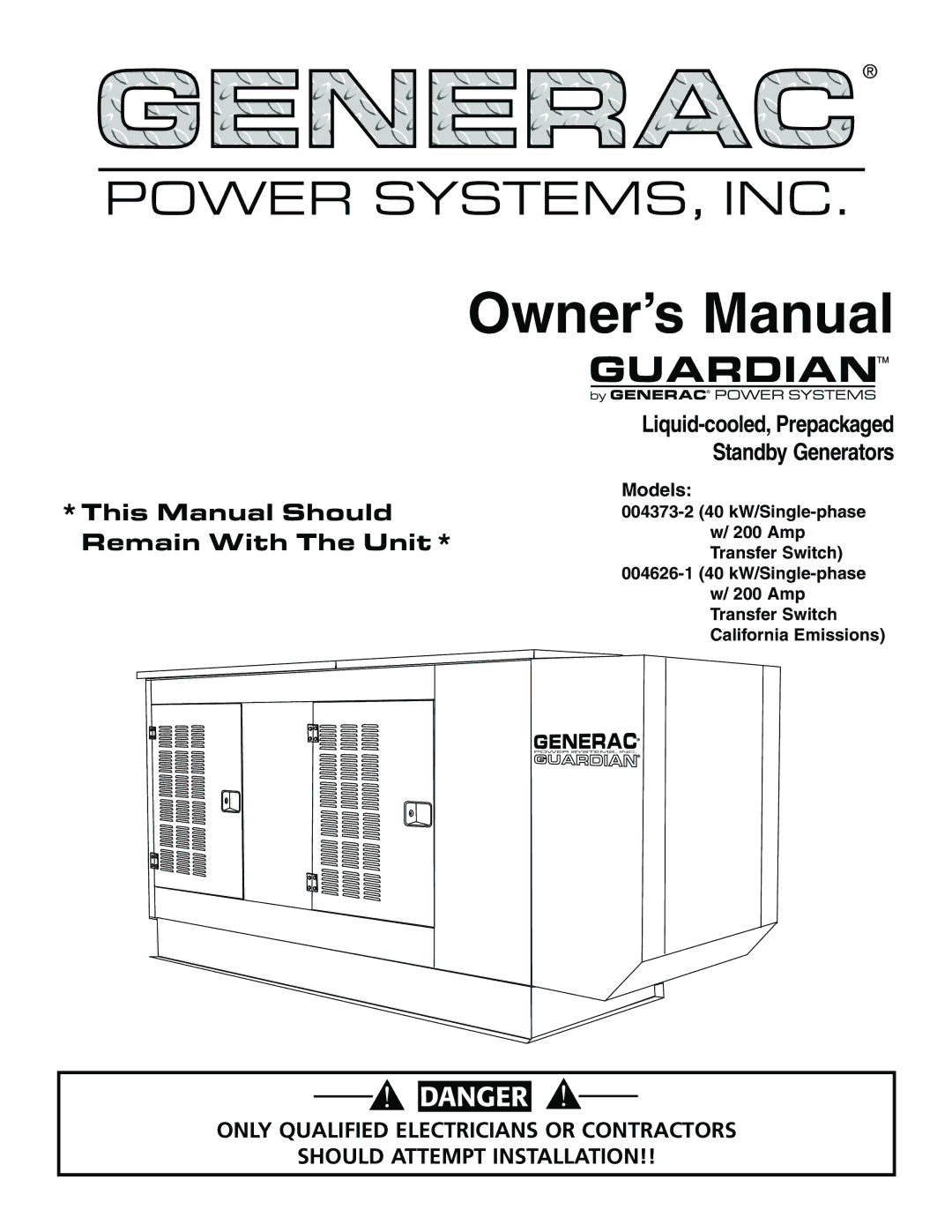 Generac 004626-1, 004373-2, 004373-2, 004626-1 owner manual Power SYSTEMS, INC 