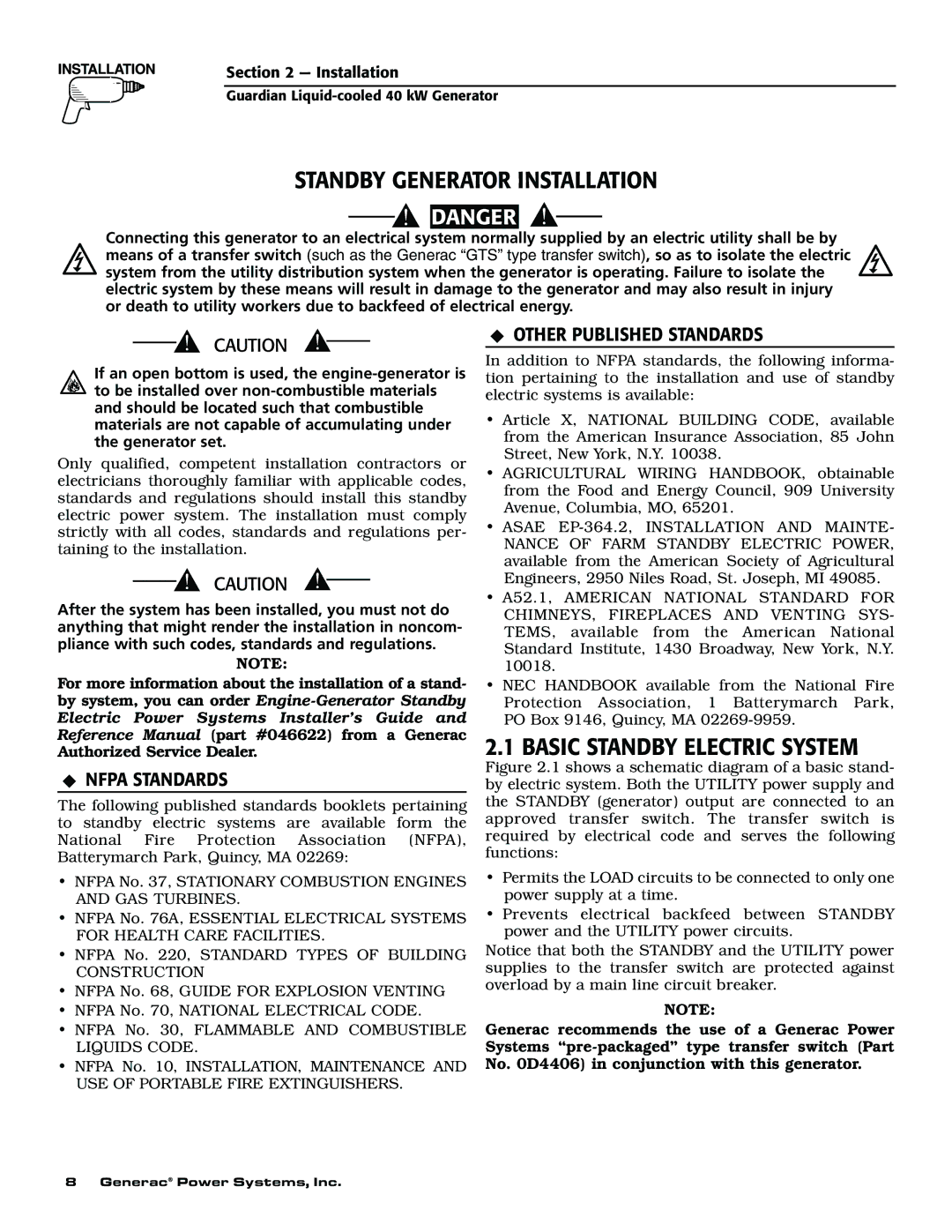 Generac 004373-2, 004626-1 owner manual Standby Generator Installation, Basic Standby Electric System, Nfpa Standards 