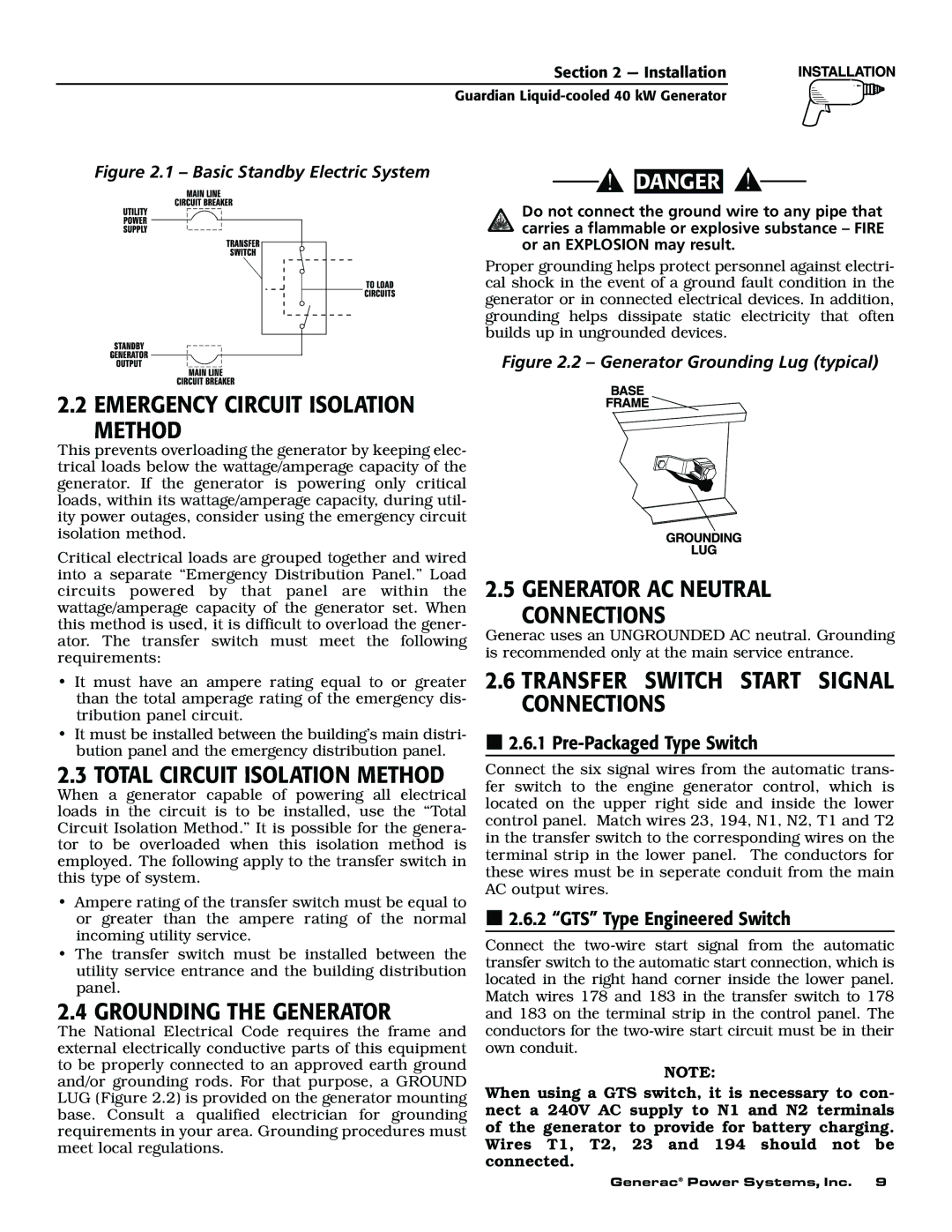 Generac 004626-1, 004373-2 Emergency Circuit Isolation Method, Grounding the Generator, Pre-Packaged Type Switch 