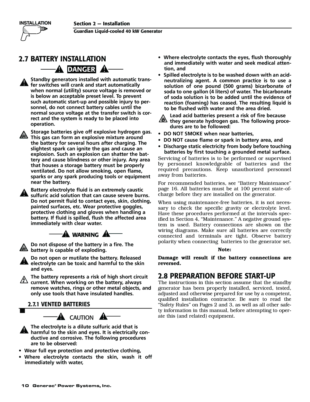 Generac 004373-2, 004626-1, 004626-1, 004373-2 Battery Installation, Preparation Before START-UP, Vented Batteries 