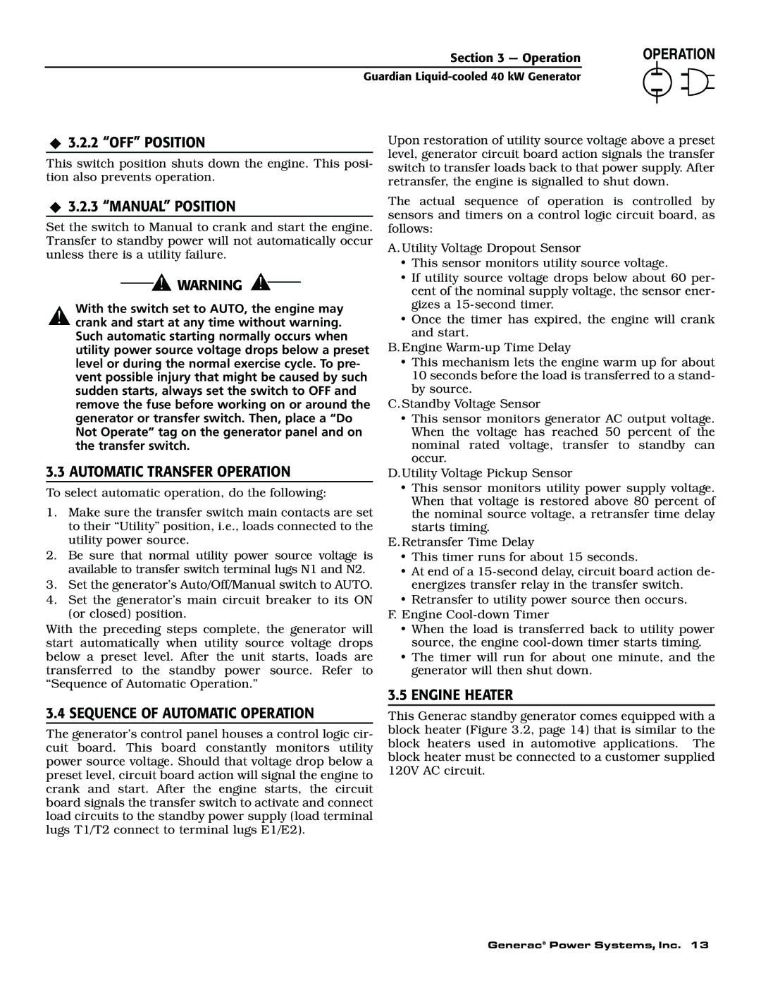 Generac 004626-1, 004373-2 OFF Position, Manual Position, Automatic Transfer Operation, Sequence of Automatic Operation 