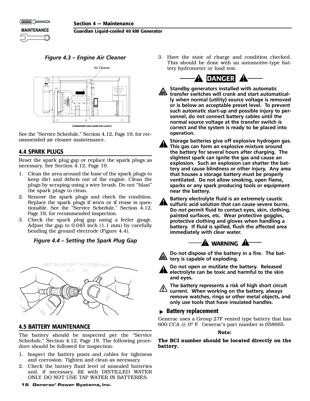 Generac 004373-2, 004626-1, 004626-1, 004373-2 owner manual Spark Plugs, Battery Maintenance 