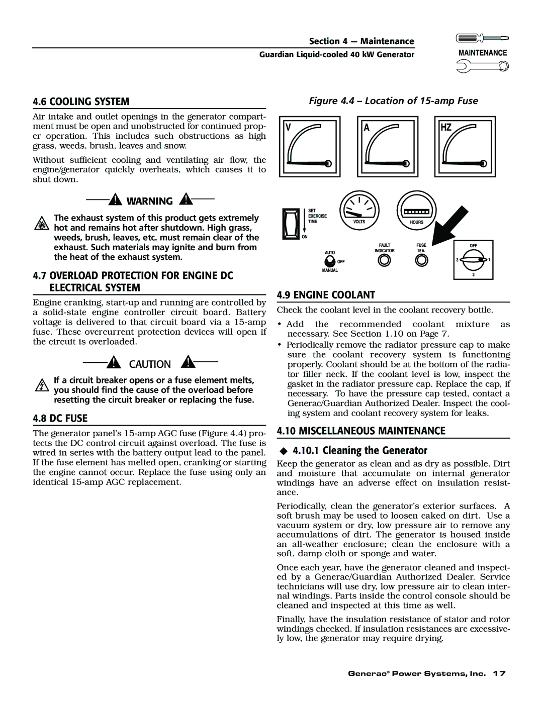 Generac 004626-1, 004373-2 owner manual Overload Protection for Engine DC Electrical System, DC Fuse, Engine Coolant 