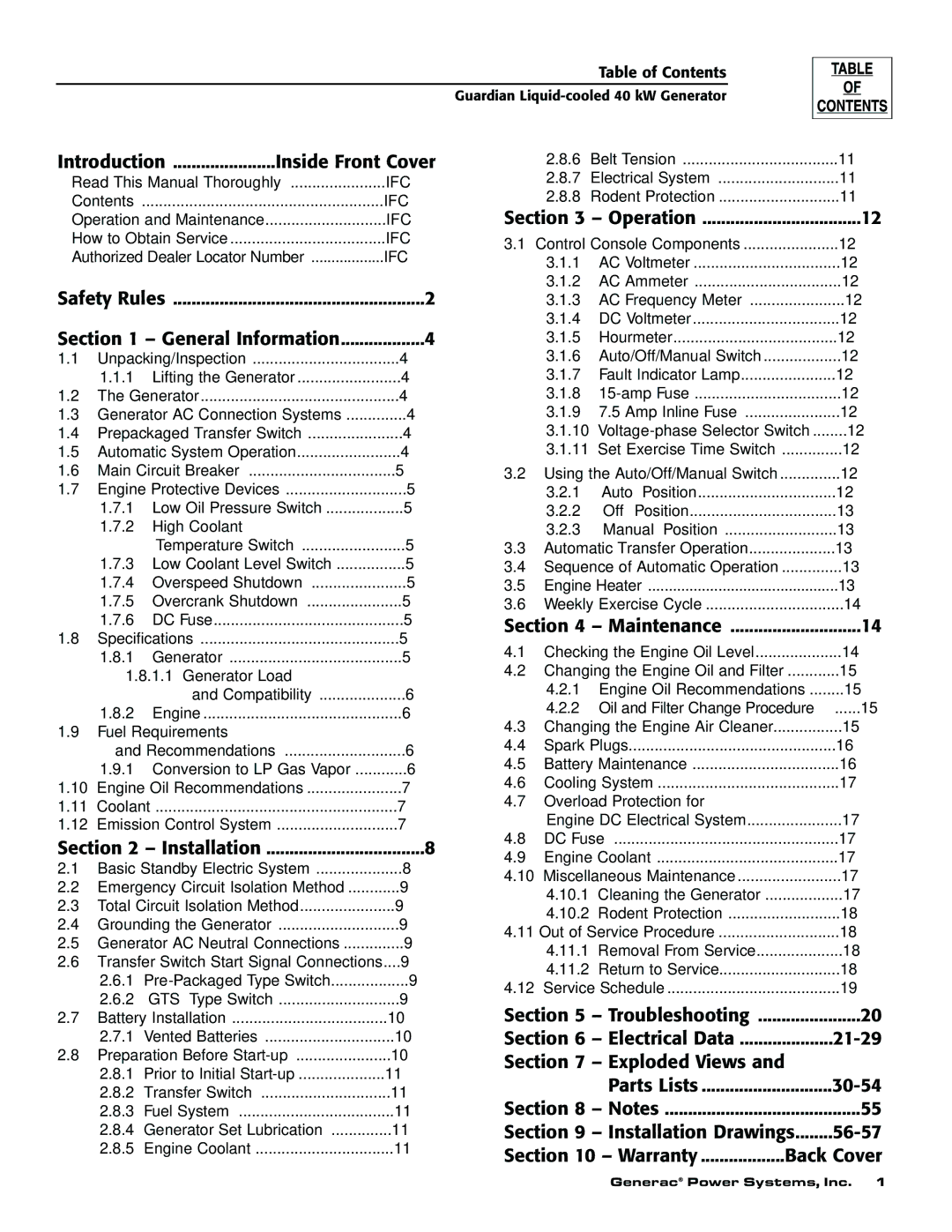 Generac 004626-1, 004373-2 Introduction Inside Front Cover, Safety Rules General Information, Installation, Operation 