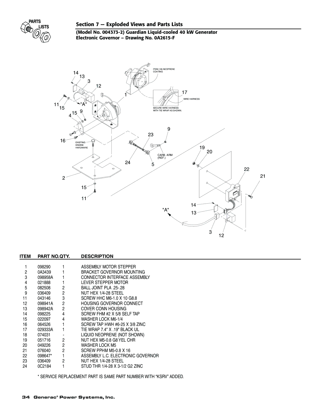 Generac 004373-2, 004626-1, 004626-1, 004373-2 owner manual Part NO.QTY Description 