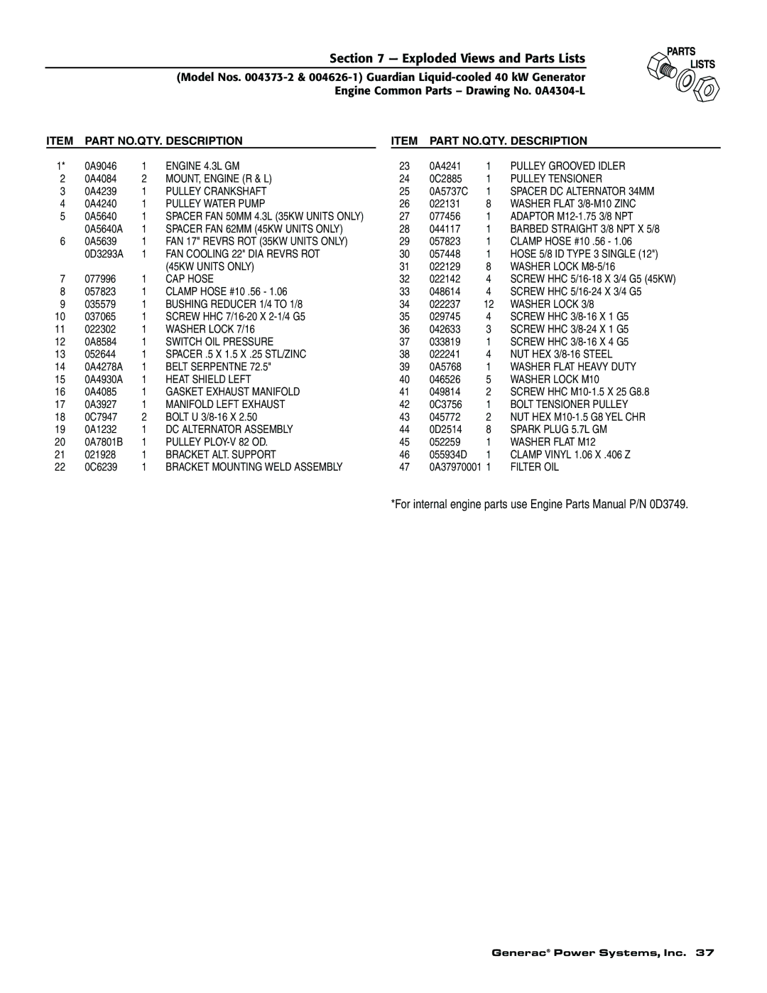 Generac 004626-1, 004373-2, 004373-2, 004626-1 owner manual Part NO.QTY. Description, Washer Flat 3/8-M10 Zinc 