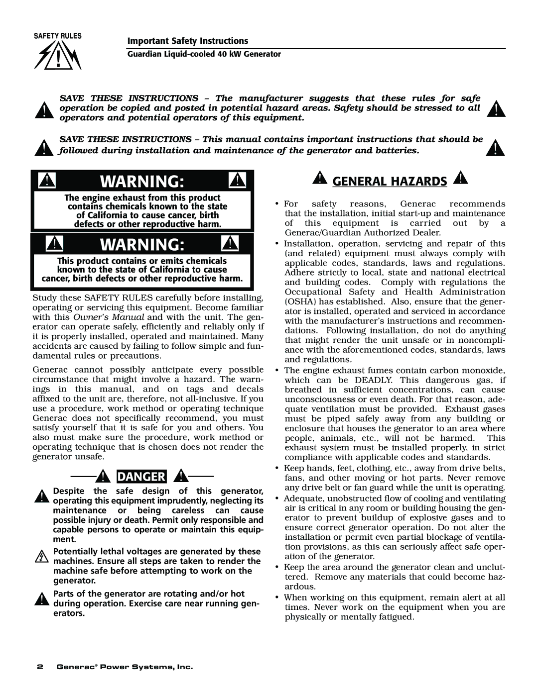 Generac 004373-2, 004626-1, 004626-1, 004373-2 owner manual General Hazards 