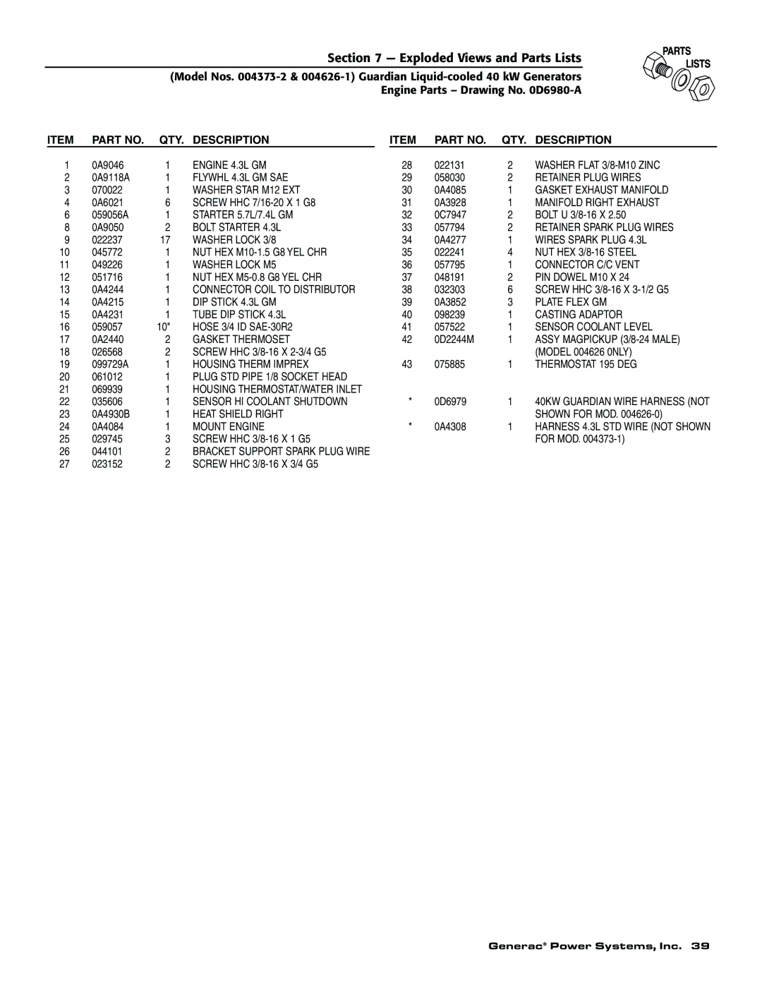 Generac 004626-1, 004373-2, 004373-2, 004626-1 owner manual Flywhl 4.3L GM SAE 