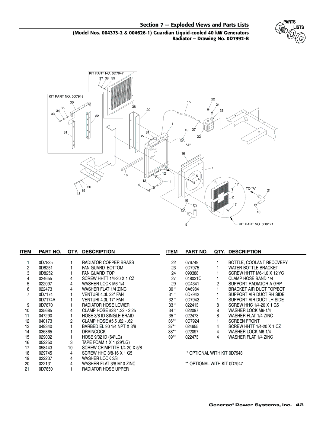 Generac 004626-1, 004373-2, 004373-2, 004626-1 owner manual Radiator Copper Brass 