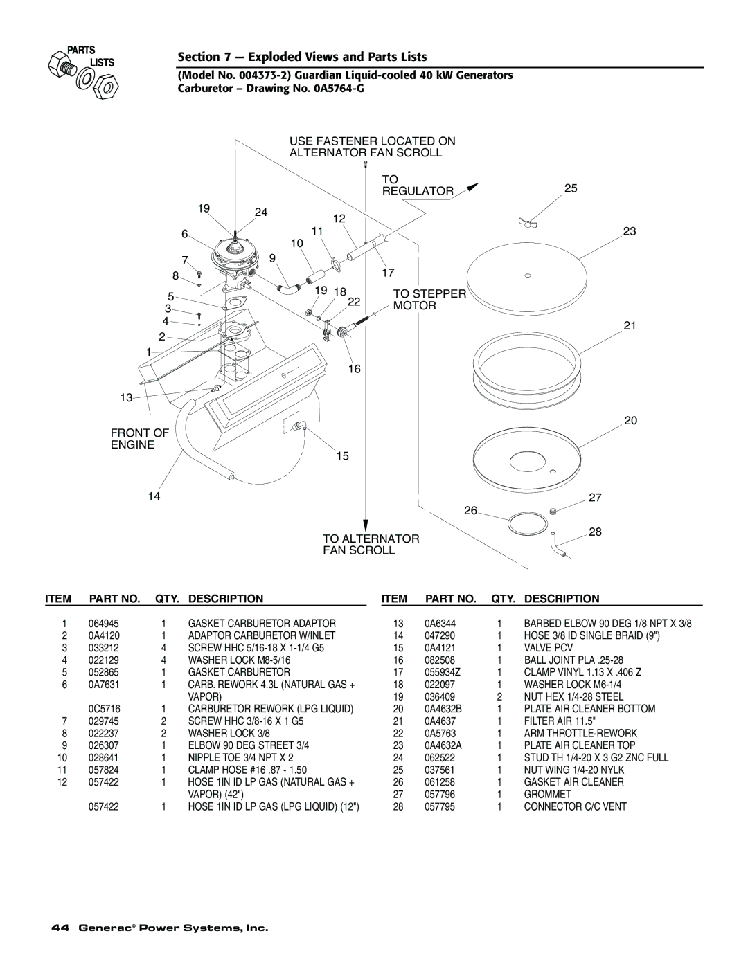 Generac 004373-2, 004626-1, 004626-1, 004373-2 owner manual Gasket Carburetor Adaptor 