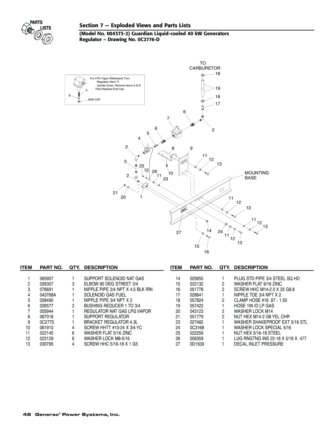 Generac 004373-2, 004626-1, 004626-1, 004373-2 owner manual QTY. Description, To Carburetor 