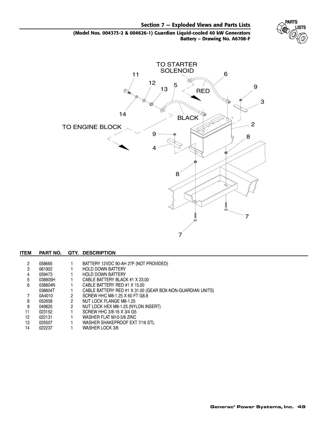 Generac 004626-1, 004373-2, 004373-2, 004626-1 owner manual To Starter Solenoid RED Black To Engine Block 