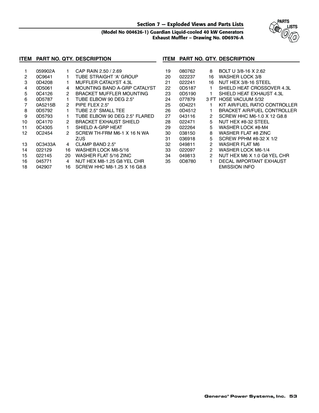 Generac 004626-1, 004373-2, 004373-2, 004626-1 owner manual Part NO. QTY. Description 