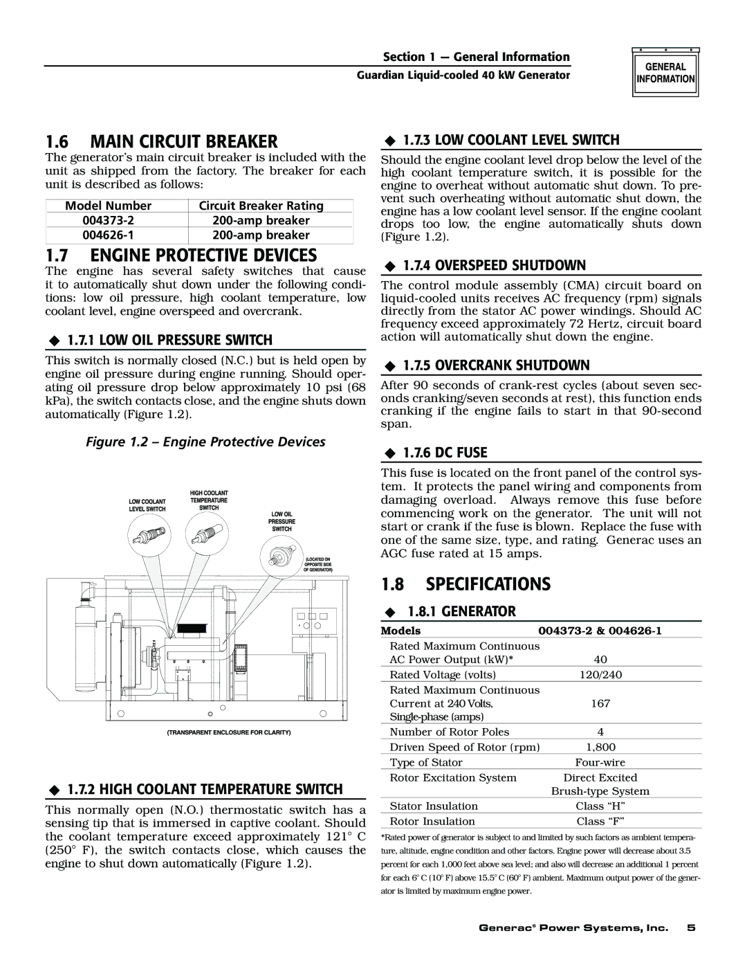 Generac 004626-1, 004373-2, 004373-2, 004626-1 owner manual Main Circuit Breaker, Engine Protective Devices, Specifications 