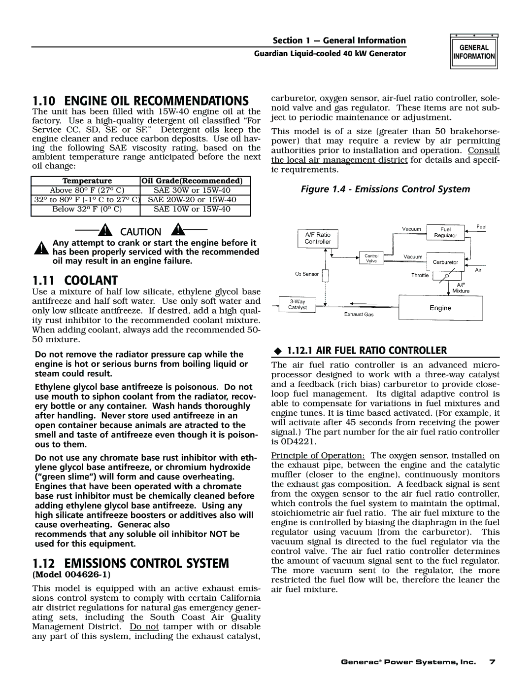 Generac 004626-1, 004373-2, 004373-2, 004626-1 owner manual Coolant, Emissions Control System, AIR Fuel Ratio Controller 