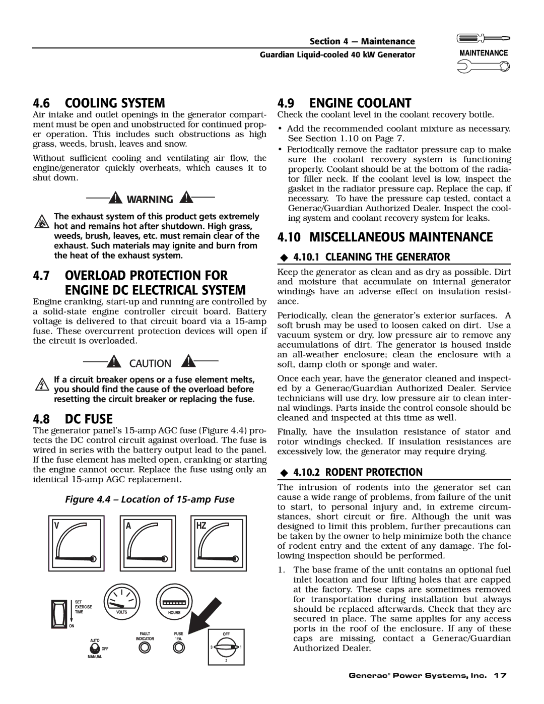 Generac 004373-3, 004626-2 Cooling System, Overload Protection for, DC Fuse, Engine Coolant, Miscellaneous Maintenance 