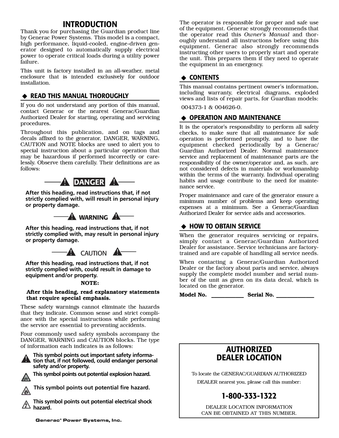 Generac 004373-3 , 004626-2, 004373-3, 004626-2 owner manual Introduction, Authorized Dealer Location 