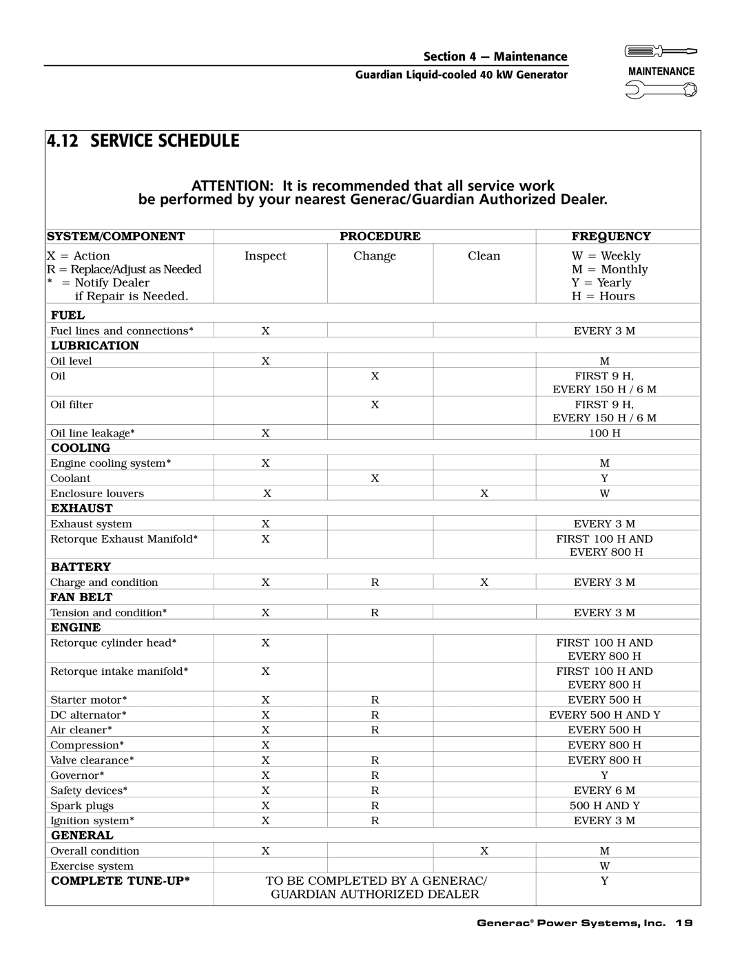 Generac 004373-3, 004626-2, 004373-3 , 004626-2 owner manual Service Schedule, SYSTEM/COMPONENT Procedure Frequency 