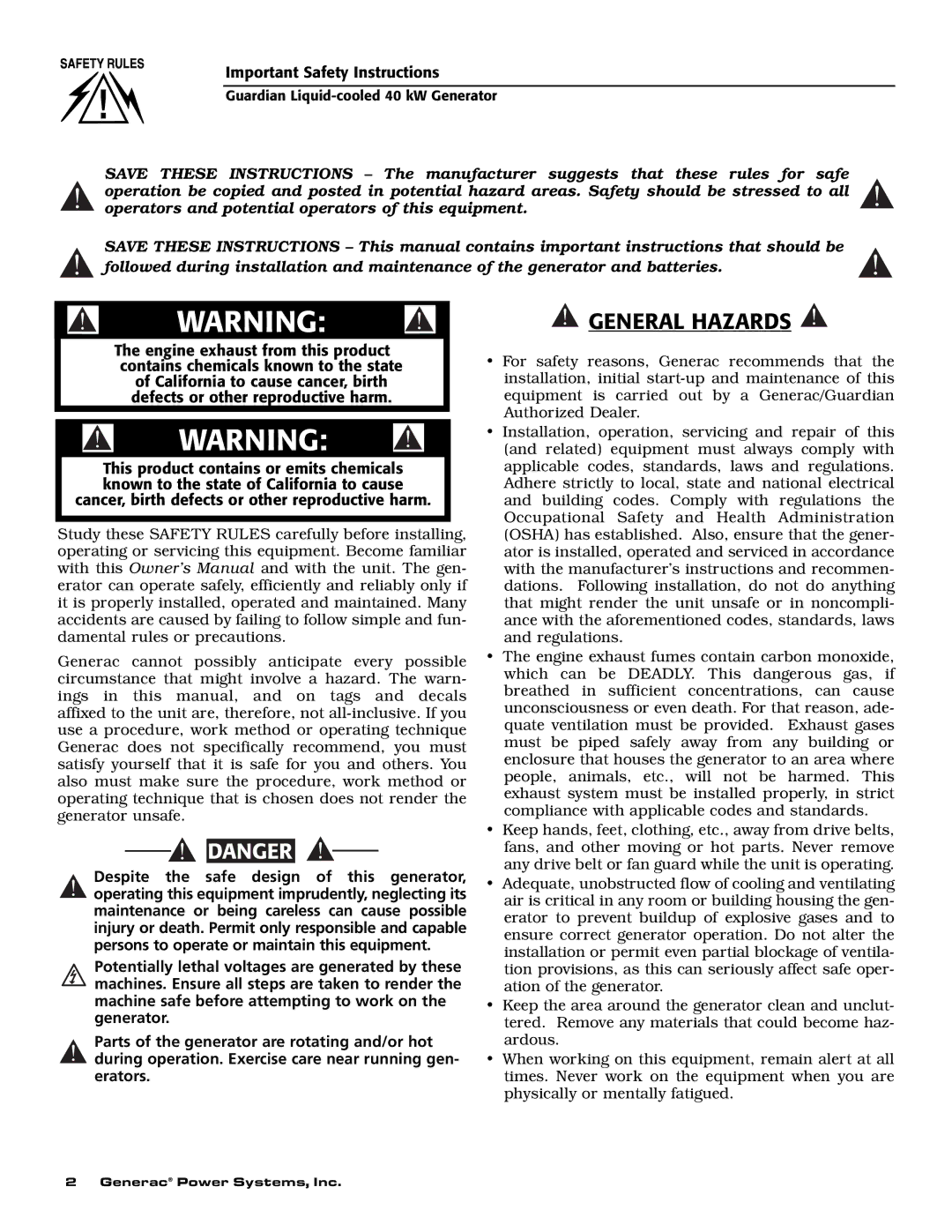 Generac 004373-3 , 004626-2, 004373-3, 004626-2 owner manual General Hazards 