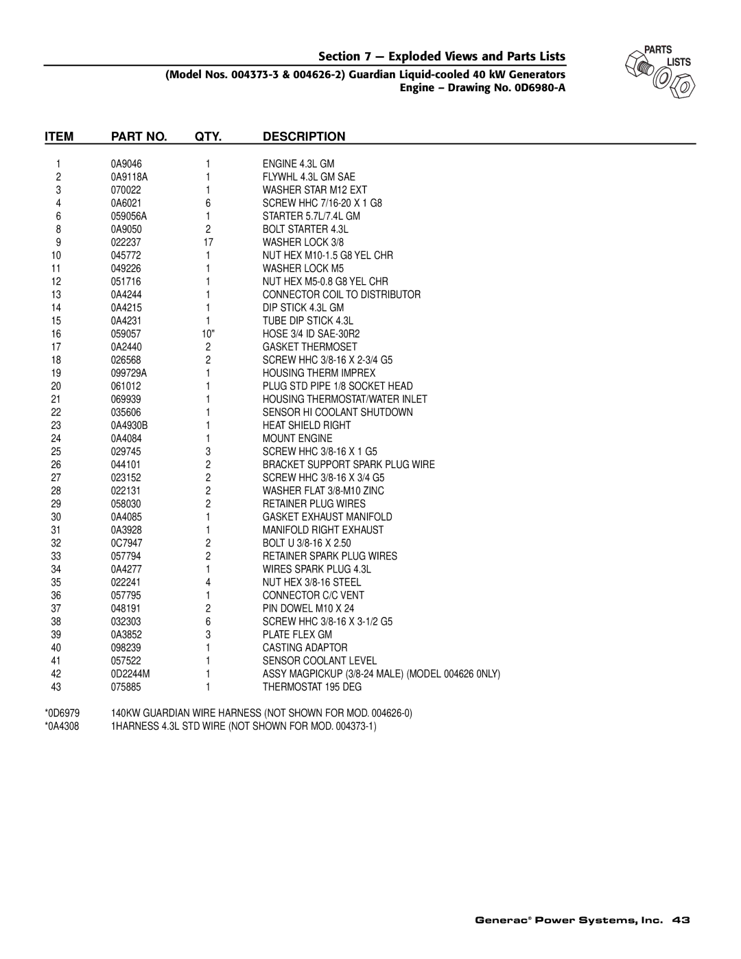 Generac 004373-3, 004626-2, 004373-3 , 004626-2 owner manual Engine 4.3L GM 