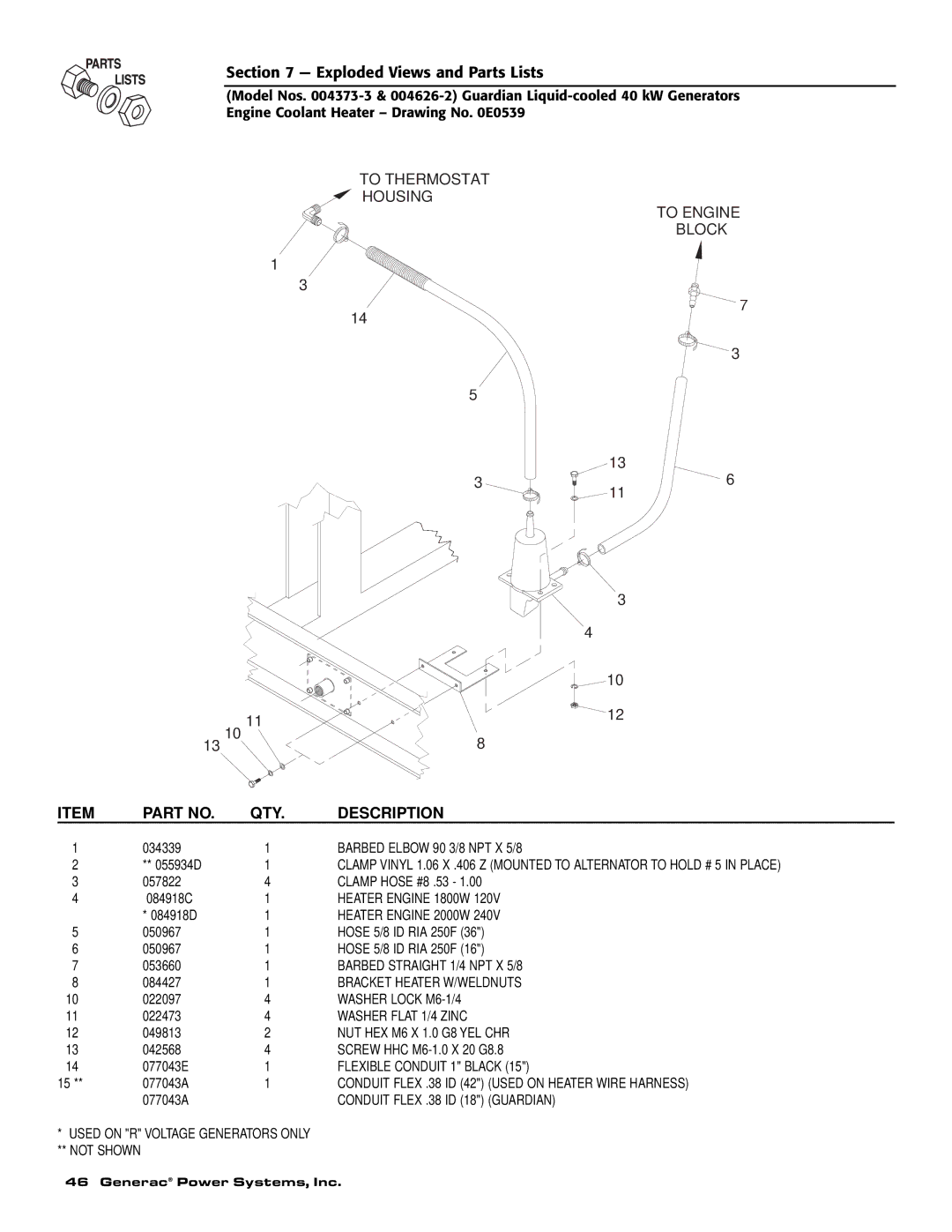 Generac 004373-3 , 004626-2, 004373-3, 004626-2 owner manual To Thermostat Housing To Engine Block 