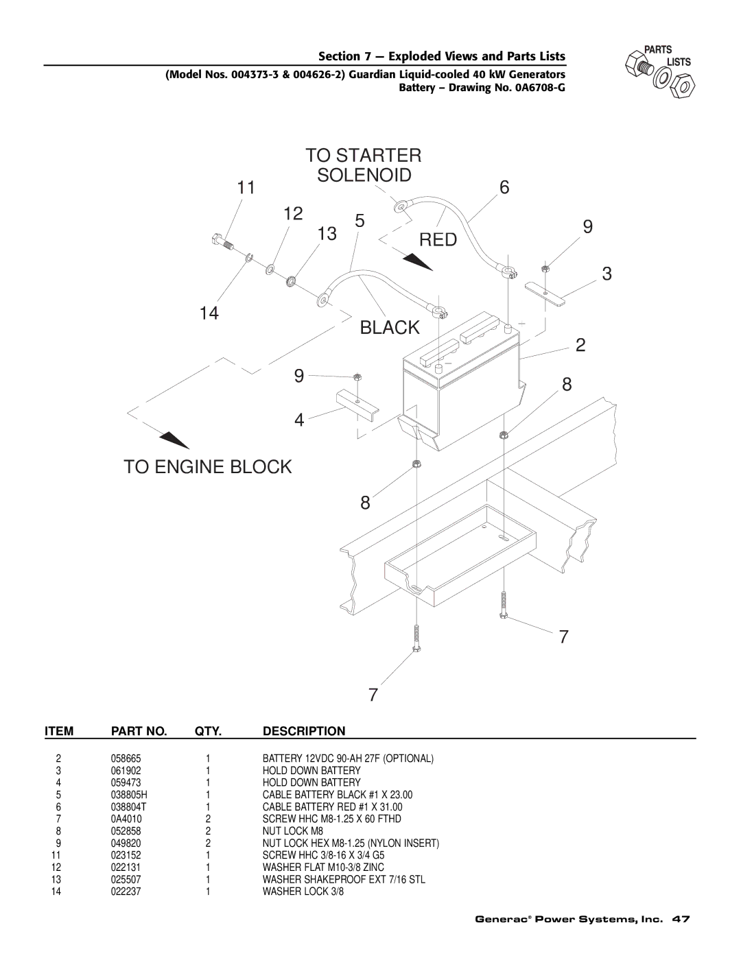 Generac 004373-3, 004626-2, 004373-3 , 004626-2 owner manual To Starter Solenoid RED Black To Engine Block 